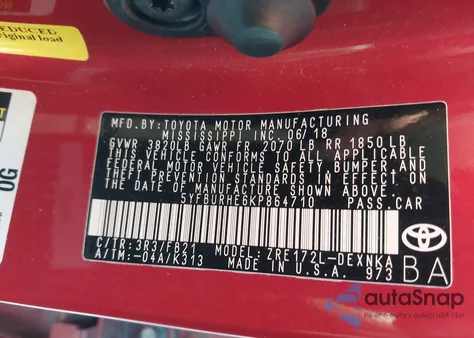 2019 Toyota Corolla Le from USA, damaged, VIN 5YFBURHE6KP864710